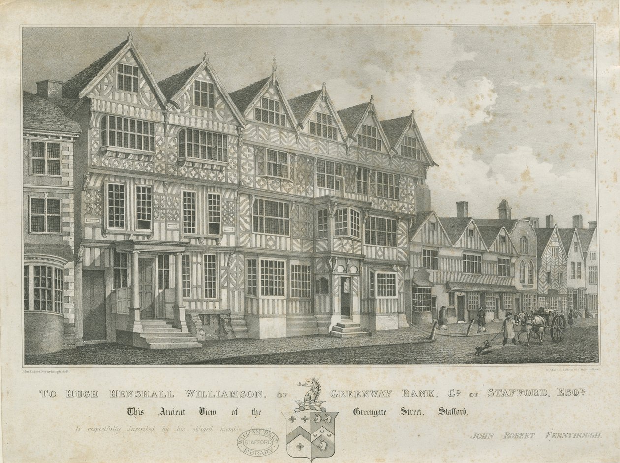 Stafford - Ancient High House: lithograph by John Robert Fernyhough