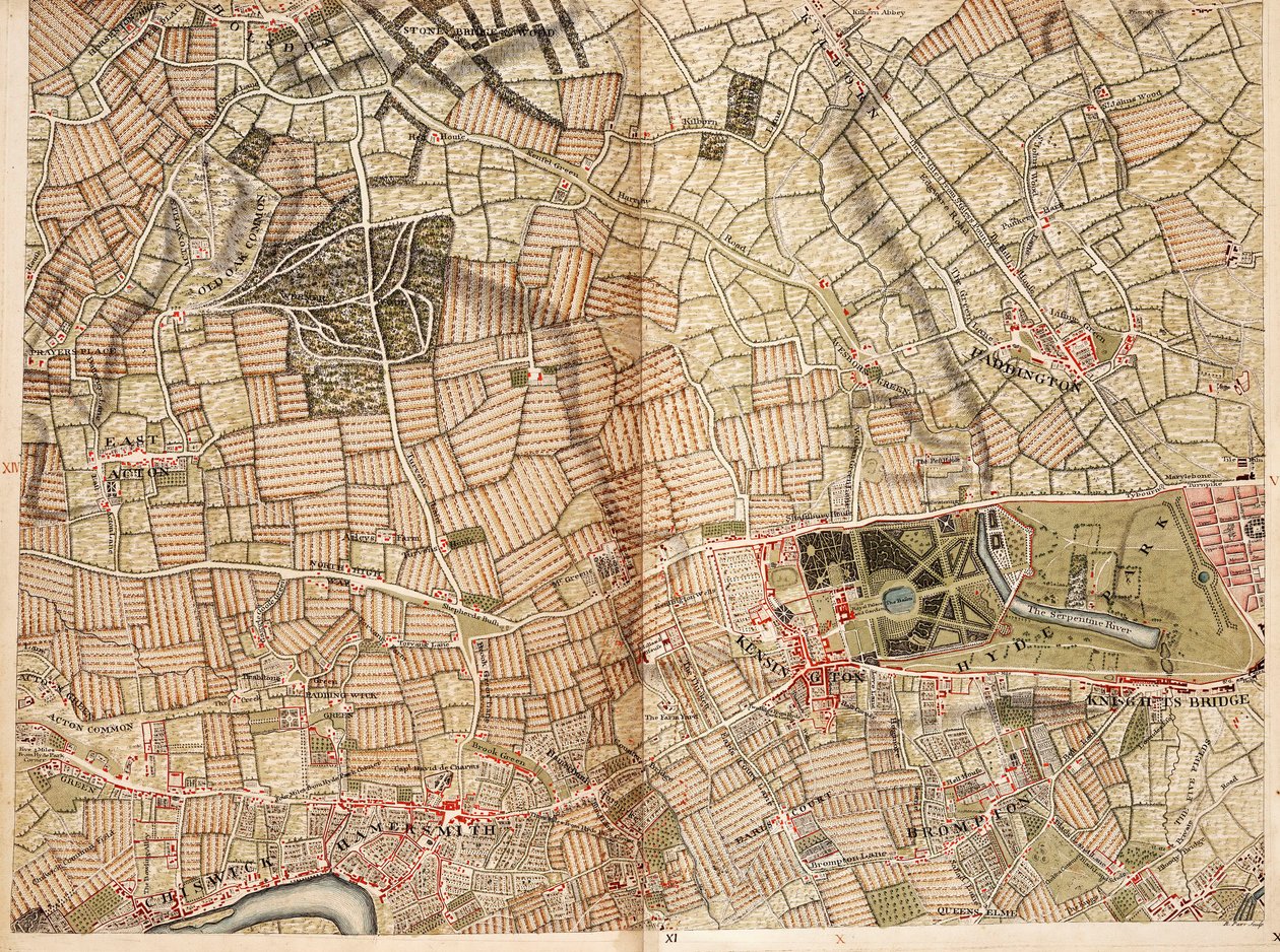Map of Acton, Paddington, Hyde Park and Kensington by John Rocque