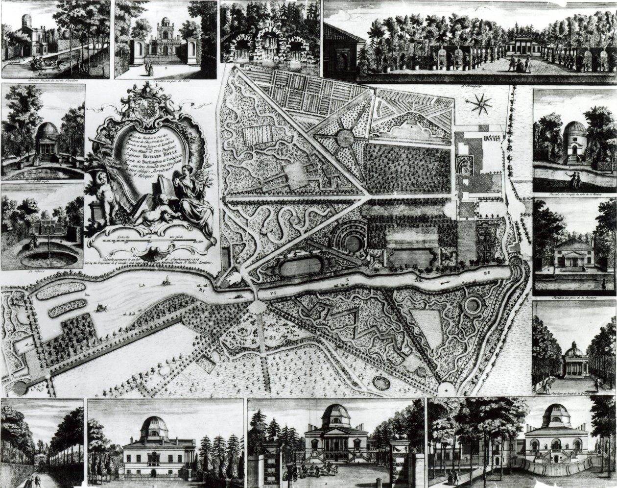 Plan of the Garden and View of the Houses at Chiswick on the Thames by John Rocque