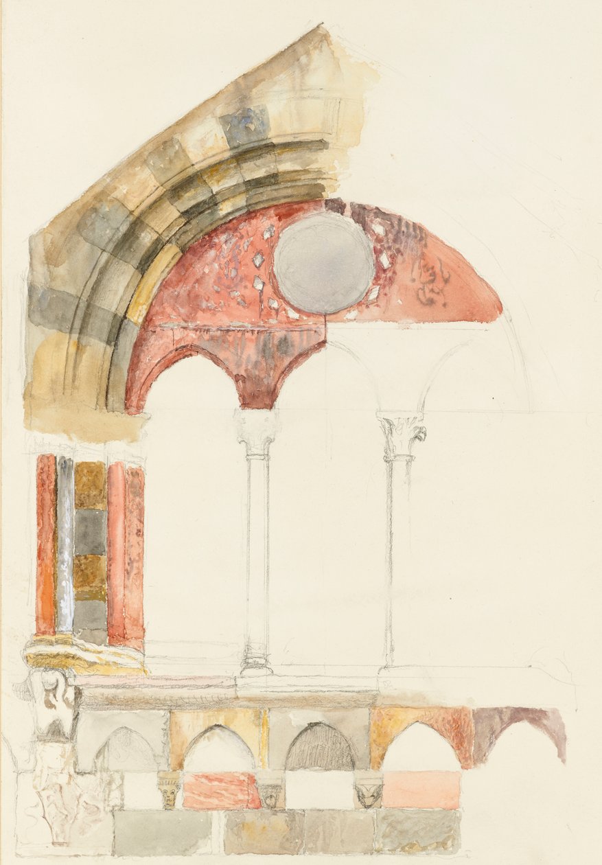 A Window of the Broletto, Como: rapid Sketch in Colour, showing Method of inlaying Marbles, August 1869? by John Ruskin