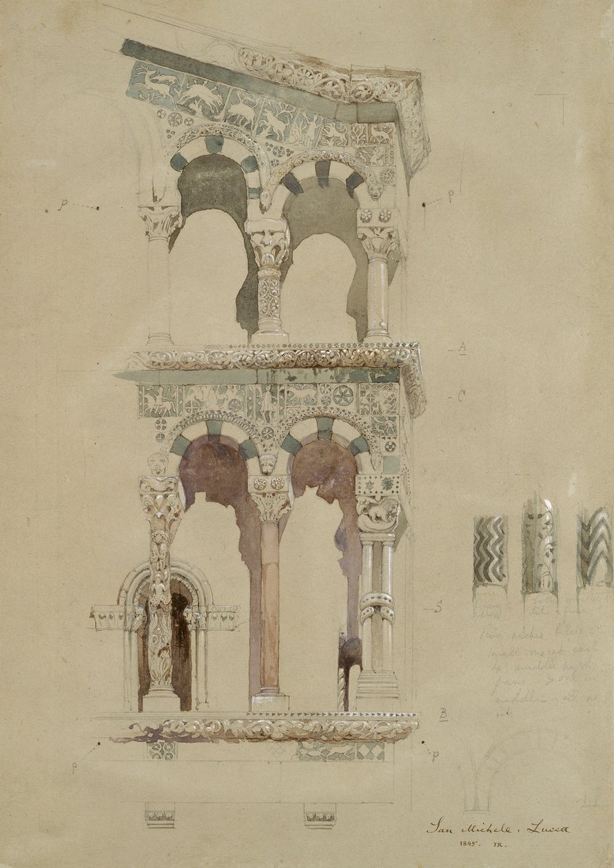Part of the Facade of the destroyed Church of San Michele in Foro, Lucca, as it appeared in 1845 by John Ruskin