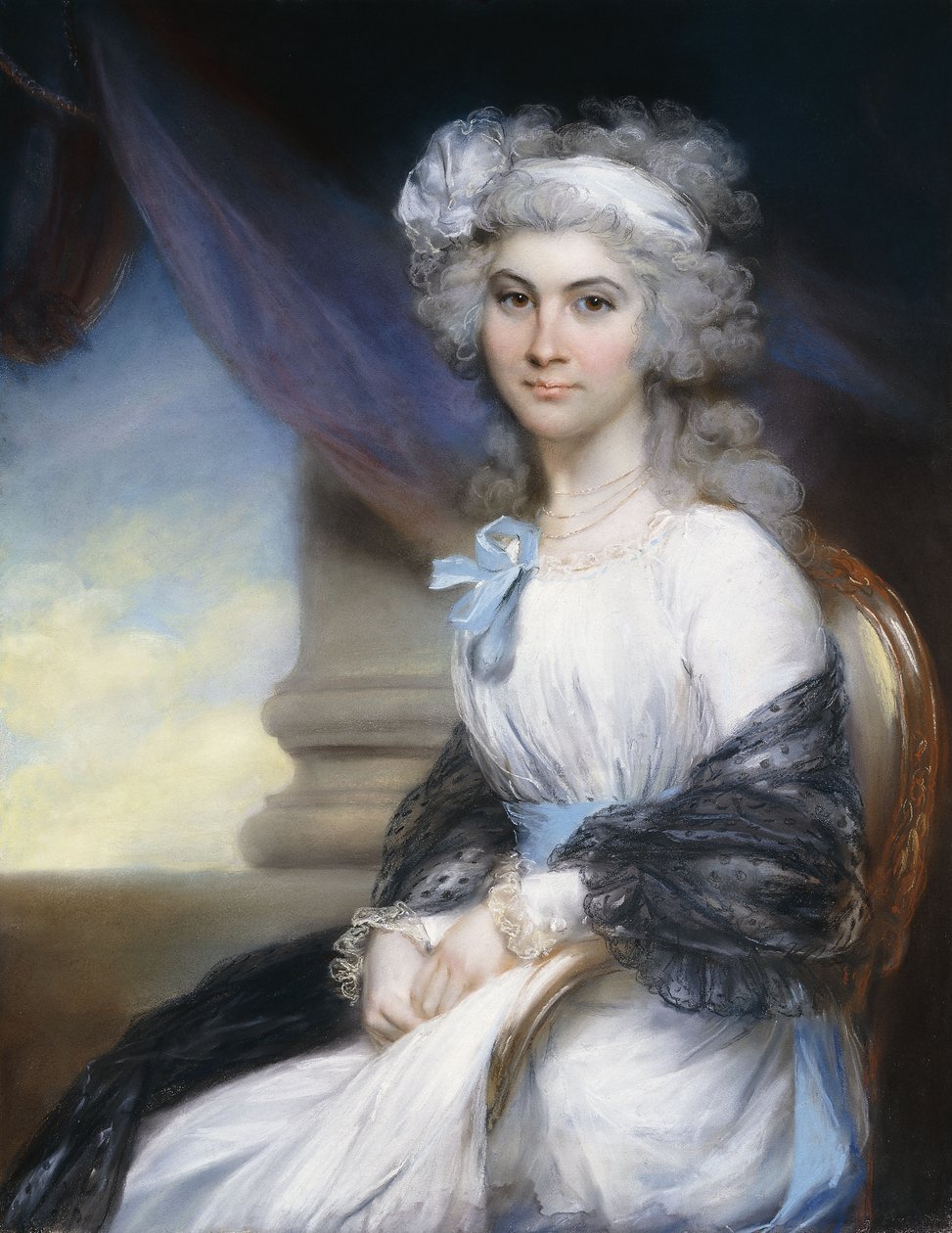 Portrait of Miss Sophia Vansittart, Three-Quarter Length, Wearing a White Dress with a White Ribbon About Her Powdered Hair and a Black Shawl Draped About Her Shoulders, Seated Beside a Classical Column by John Russell