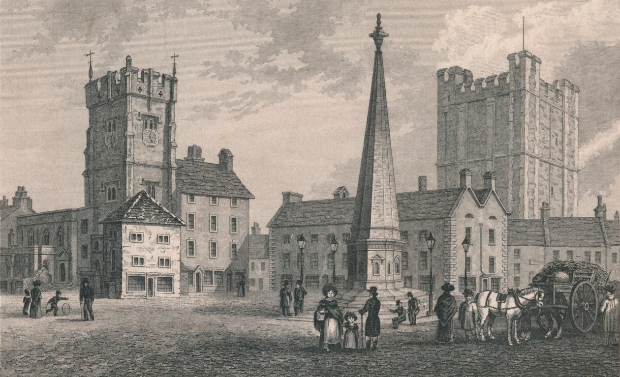 Market Place Richmond, Trinity Church and Keep of Richmond Castle by John Shury
