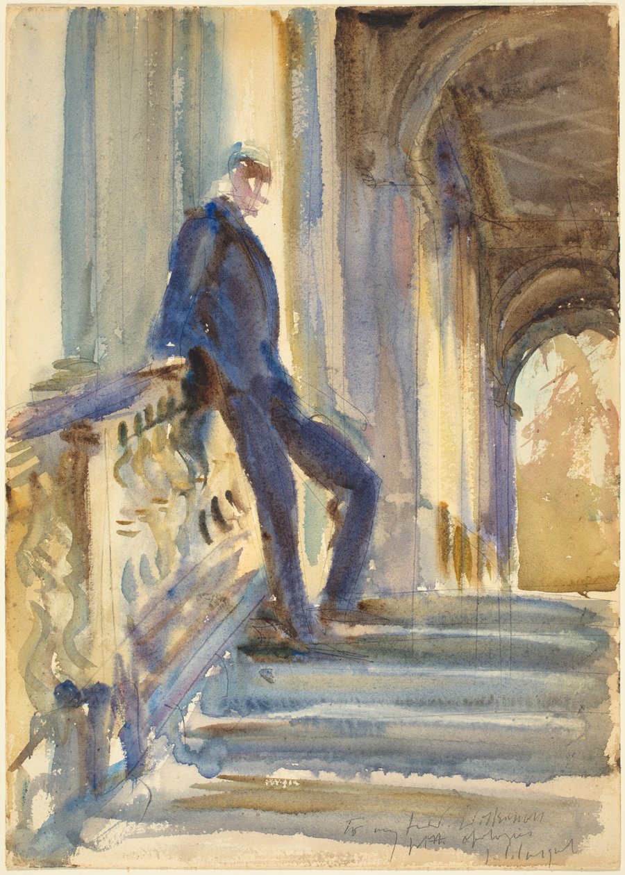 Sir Neville Wilkinson on the Steps of the Palladian Bridge at Wilton House by John Singer Sargent