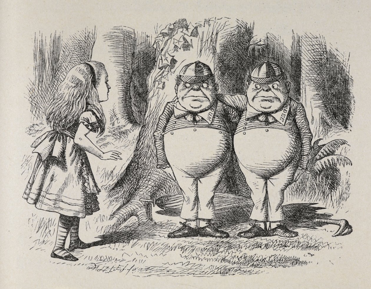Alice meeting Tweedle Dee and Tweedle Dum for the first time. They were standing under a tree, each with an arm round the other