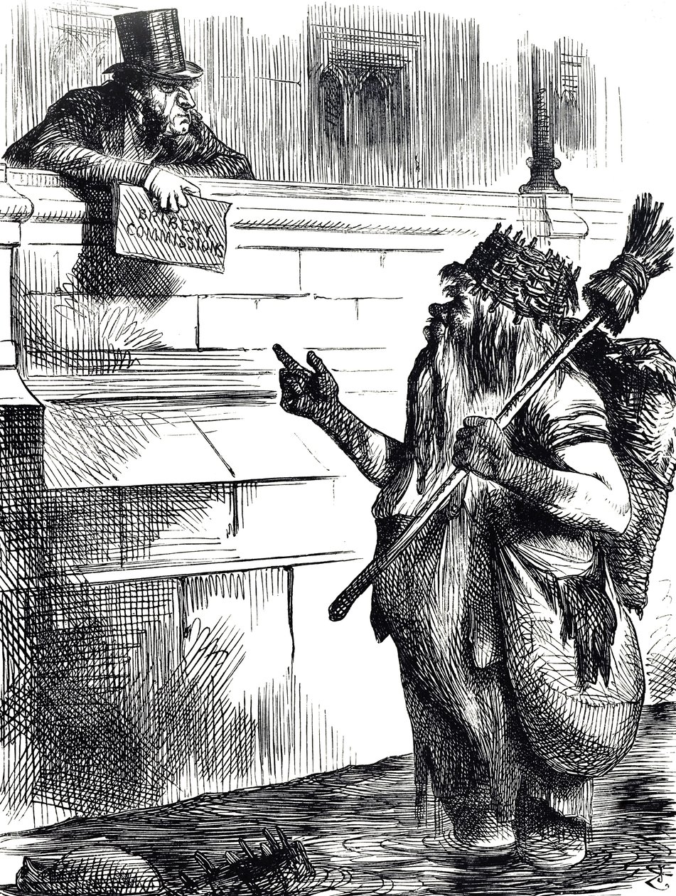 Cartoon commenting on the dirtiness of the Thames and the investigations into bribery during elections at Great Yarmouth, Reigate and Lancaster by John Tenniel