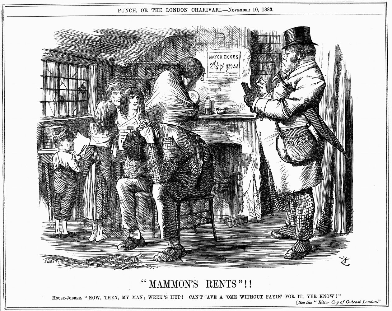 Housing conditions of poor labouring family, partly caused by high rents. Well-fed and warmly clothed rent collector demands payment from tenants of miserable dwelling. by John Tenniel