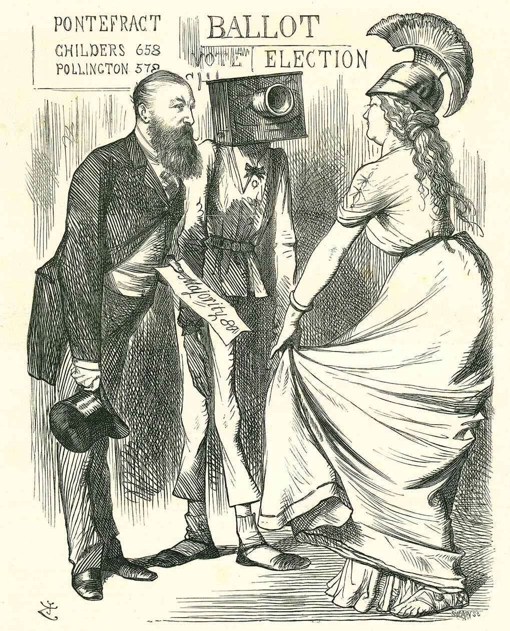 Hugh Childers (1827-1896) British parliamentarian, telling Britannia of the success of the new Ballot Box. John Tenniel cartoon from Punch, London, 24 August 1872. by John Tenniel