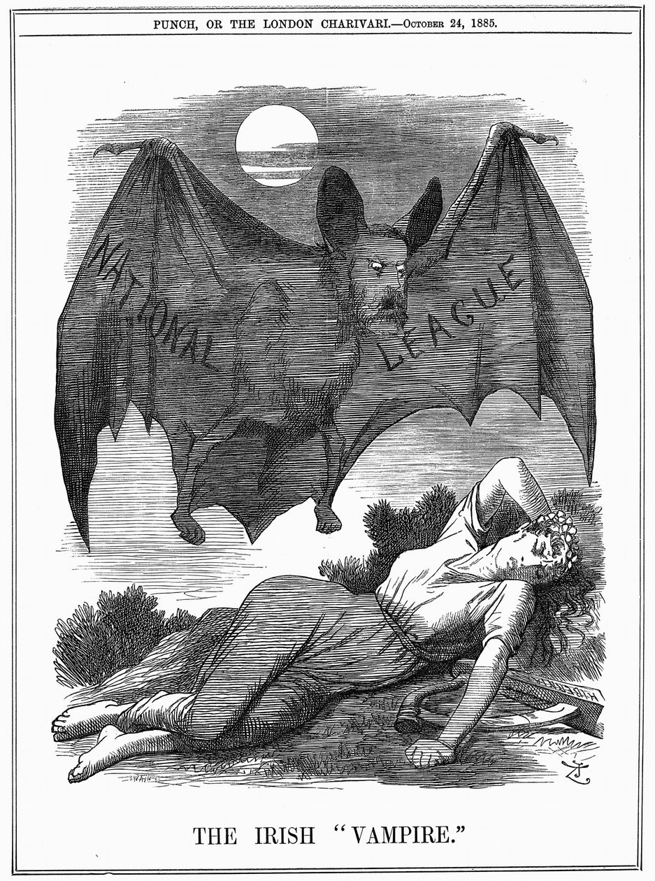 Irish National League, with face of Charles Stewart Parnell (1846-1891), shown as a vampire preying on Ireland. John Tenniel cartoon from Punch London, 24 October 1885. Engraving by John Tenniel