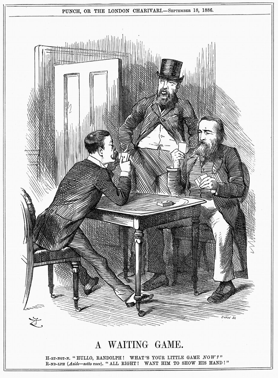 Lord Randolph Churchill trying to make Charles Stewart Parnell show his hand and let Churchill and Hartington know how he will use Parnellite votes he commands in House of Commons. John Tenniel cartoon from Punch 18 September 1886 by John Tenniel