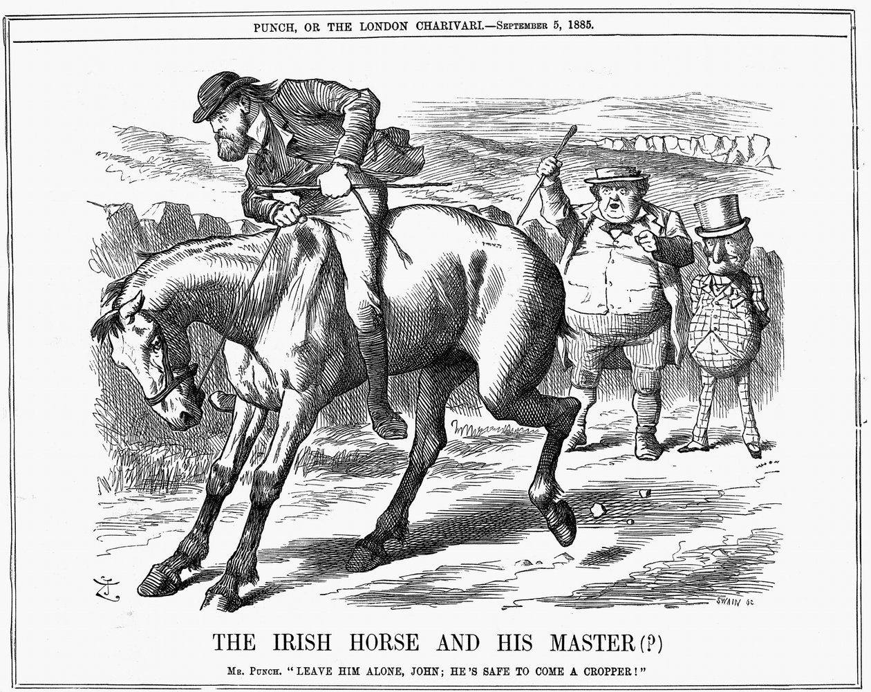 Mr Punch tells John Bull to ignore Charles Stewart Parnell, Irish politician. John Tenniel cartoon from Punch London 5 September 1885. by John Tenniel