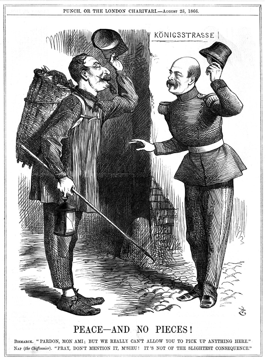 Napoleon III dressed as a rag-picker, warned off by Otto von Bismarck by John Tenniel