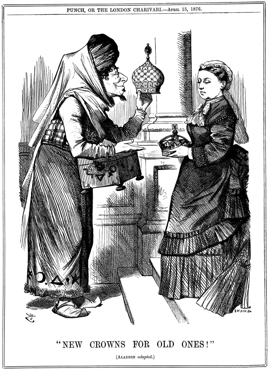New Crowns for Old Ones!, Benjamin Disraeli offering the crown of India to Queen Victoria, 1876 by John Tenniel