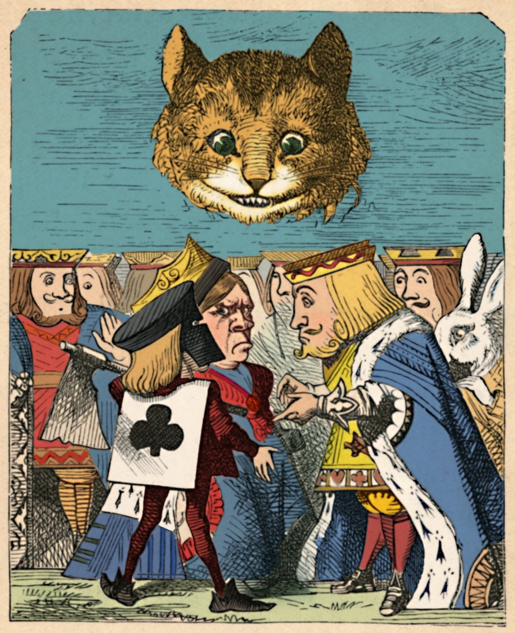 The Cheshire Cat looking down at the Red King and Queen having an argument, 1889 by John Tenniel