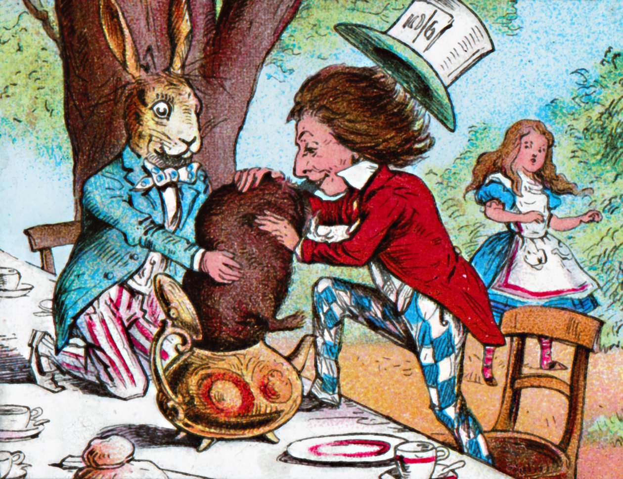 The Mad Hatter and the March Hare trying to put the Dormouse into a teapot, c1910 by John Tenniel