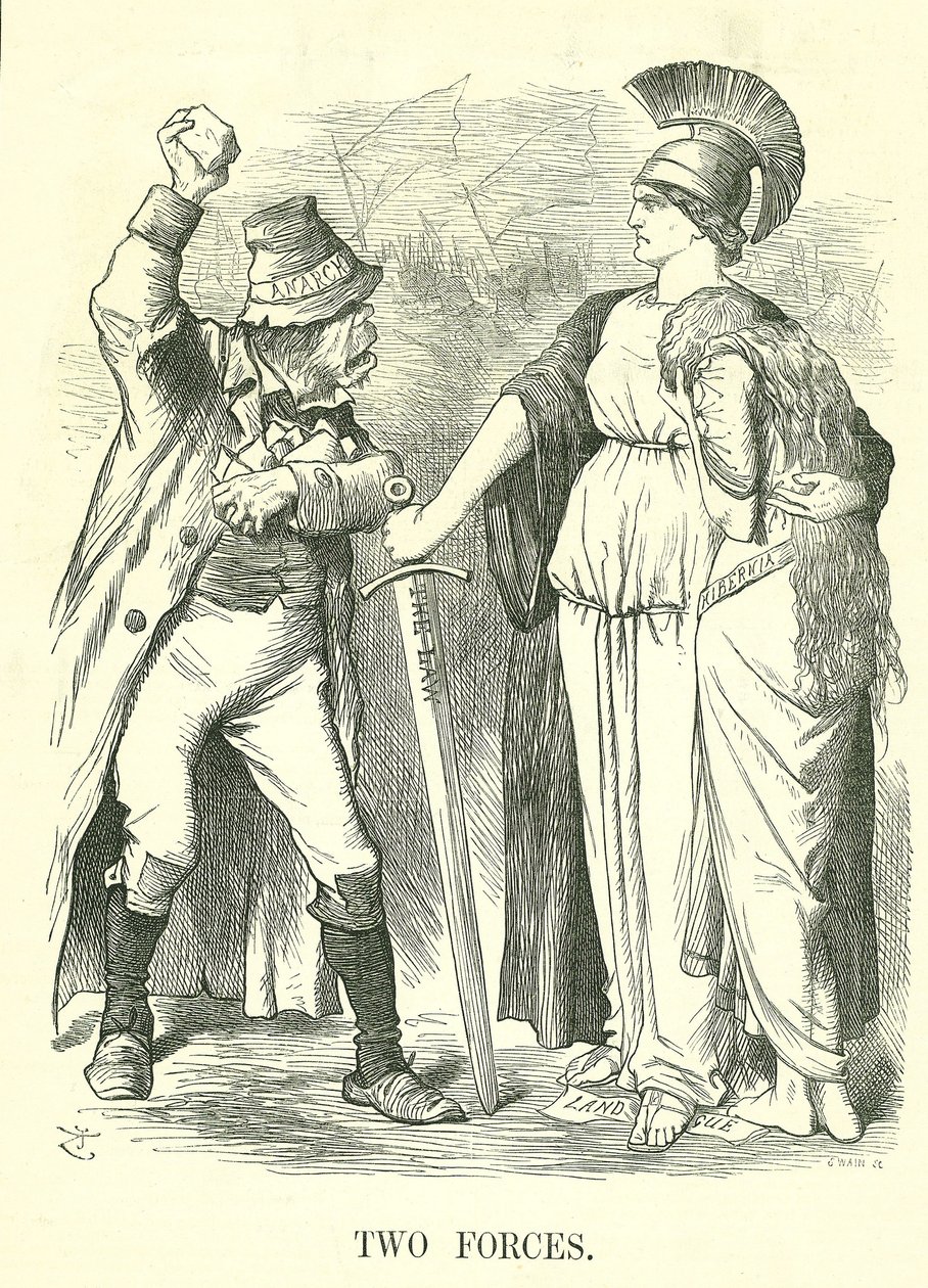 Two Forces: Irish Land League outlawed. Britannia protects Hibernia (Ireland) with the Force of Law against the Force of Anarchy. John Tenniel cartoon from Punch, London, 29 October 1881. by John Tenniel