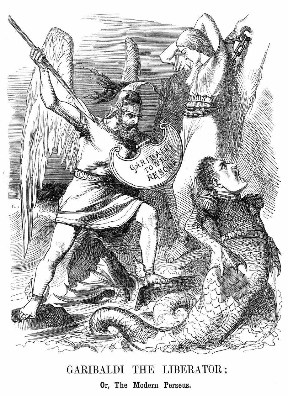 Unification of Italy: Giuseppe Garibaldi Conquering Sicily and Naples on Behalf of the New Kingdom of Italy. John Tenniel Cartoon from Punch by John Tenniel