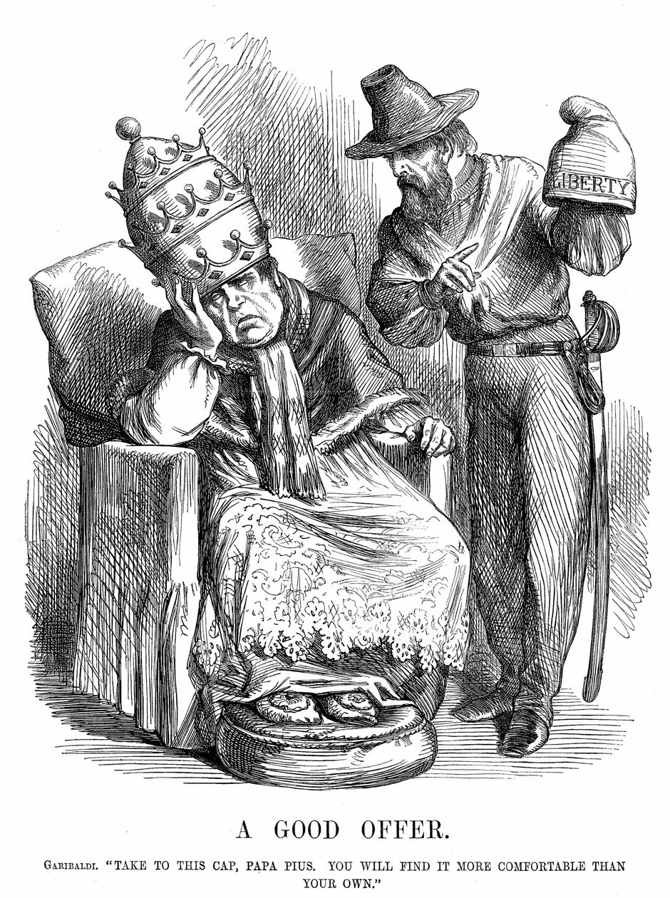 Unification of Italy: Giuseppe Garibaldi trying to persuade Pope Pius IX by John Tenniel