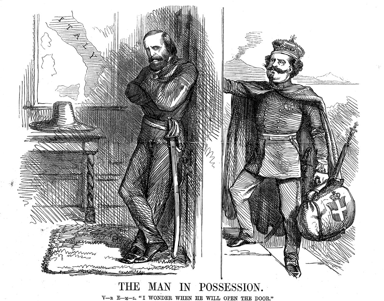 Victor Emmanuel II knocking on the door of Naples by John Tenniel