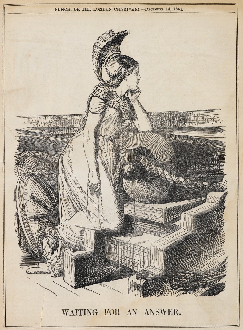 Waiting for an answer. Following an ultimatum sent to the US, several weeks passed as the British waited for an American response. Britain represented as Britannia ready for military action against the United States over the 
