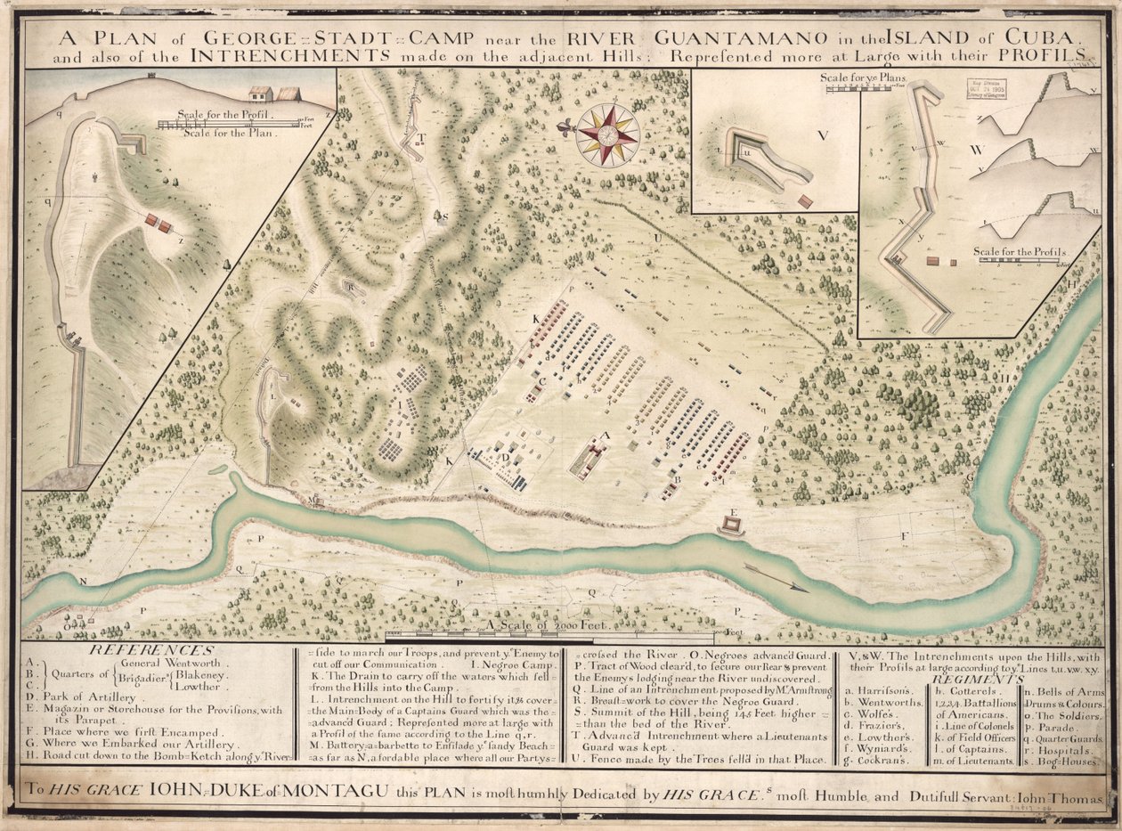A plan of George Stadt Camp near the River Guantamano in the island of Cuba and also of the intrenchments made on the adjacent hills, represented more at large with their profiles by John Thomas