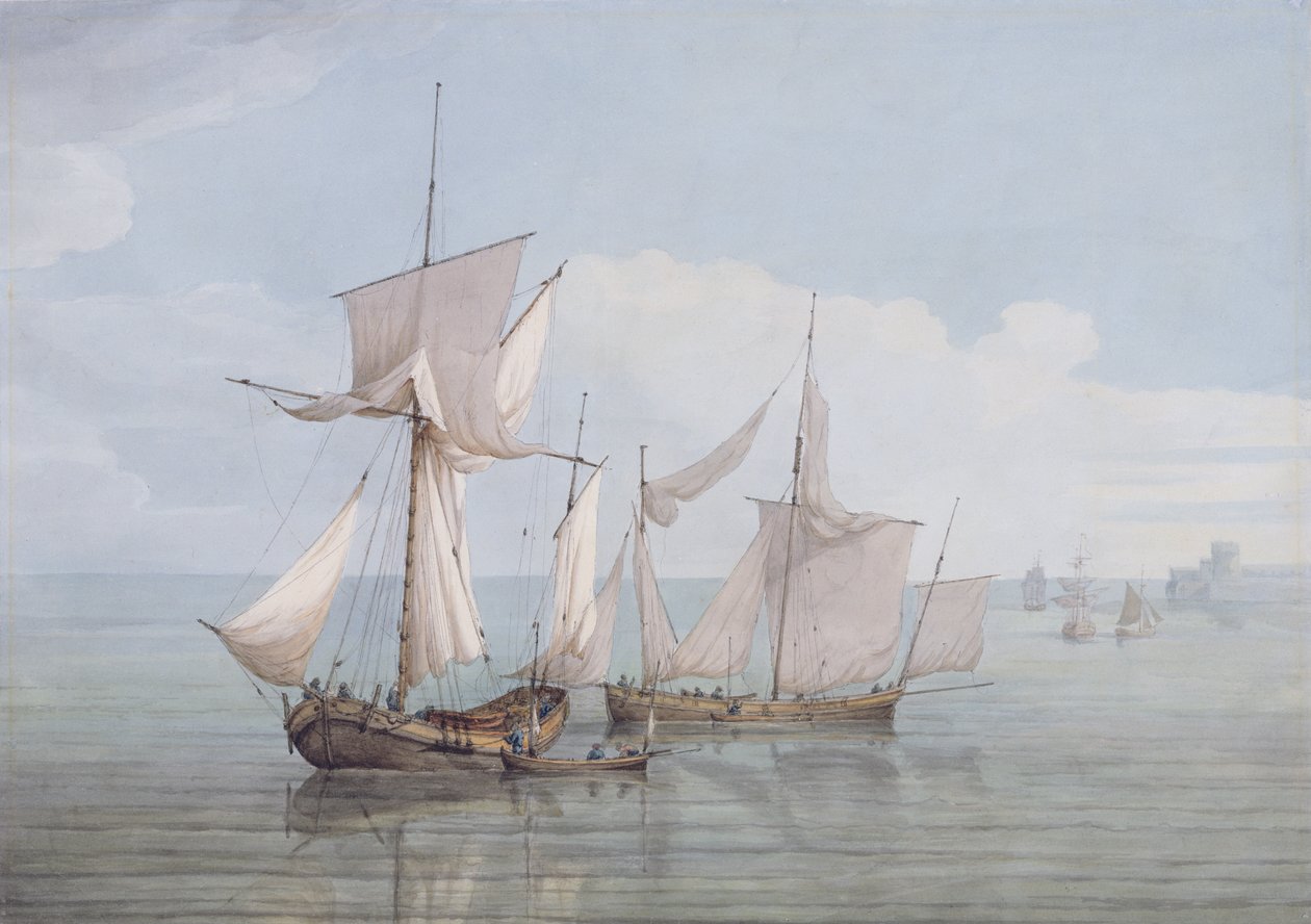 A Hoy and a Lugger with Other Shipping on a Calm Sea by John Thomas Serres