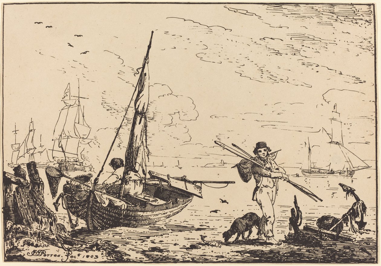 Marine: Fishing Boats on Shore, Man with Oars, Ship in Distance by John Thomas Serres