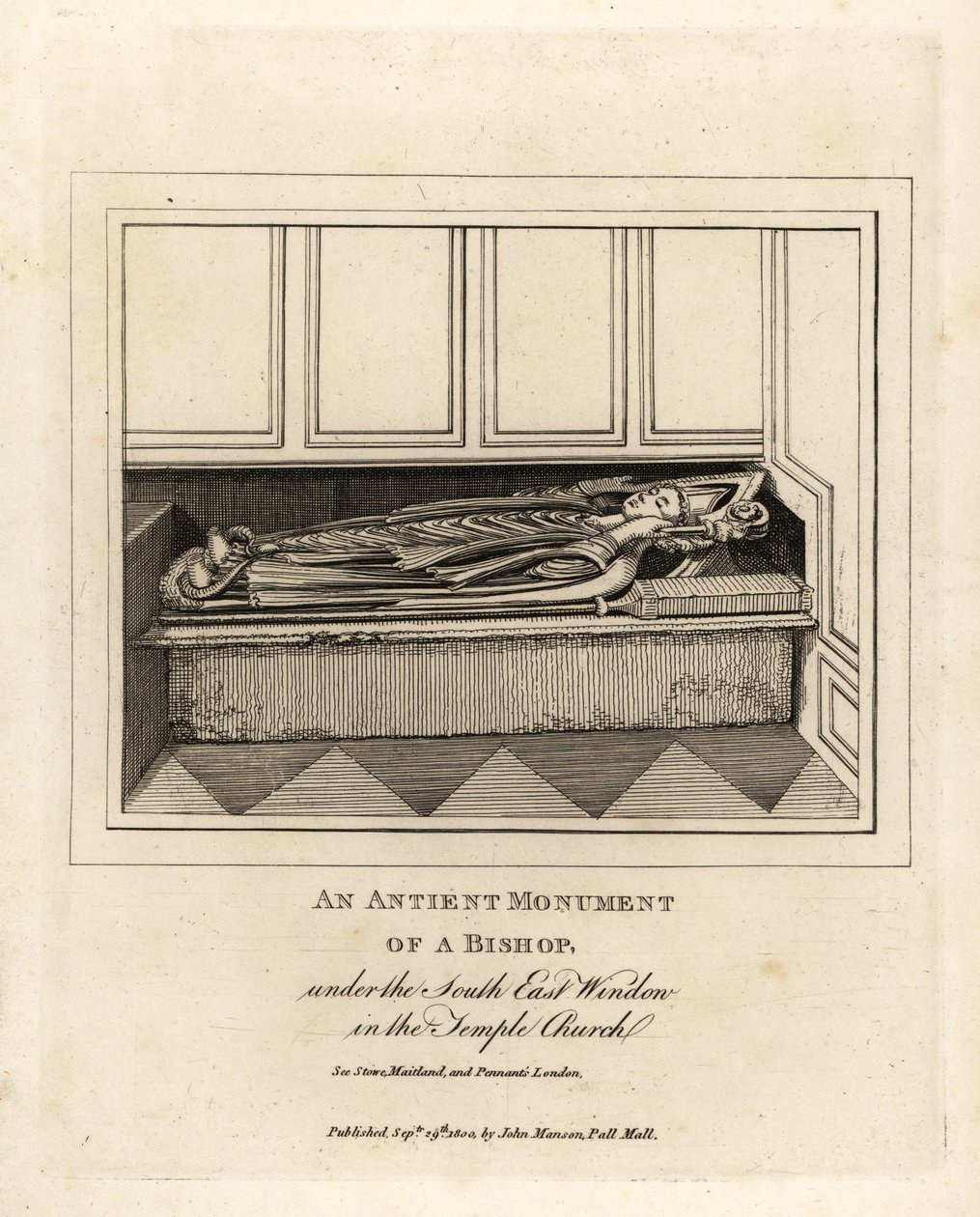 Ancient monument of a bishop under the southeast window of the 12th century Temple Church, London by John Thomas Smith