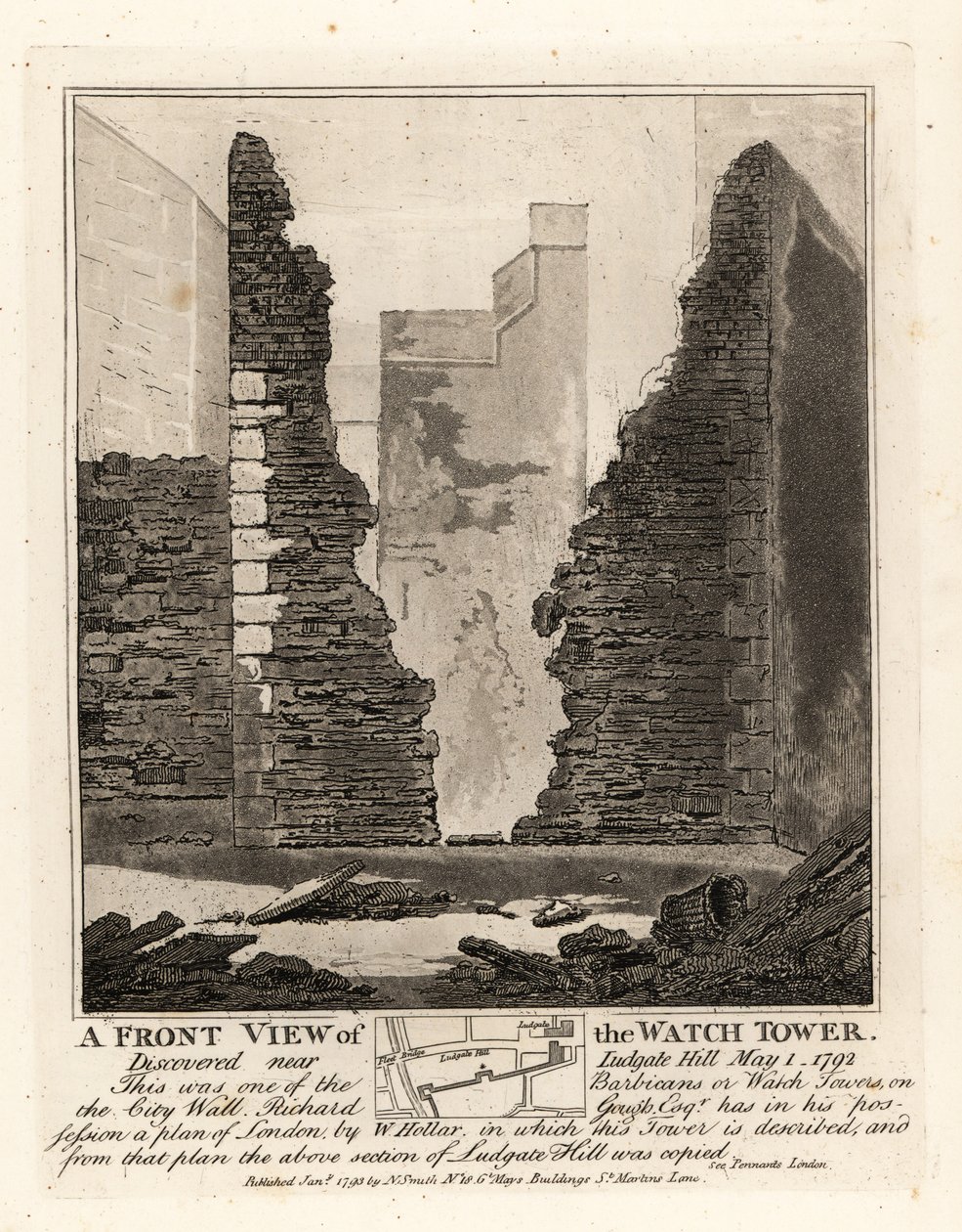 Front view of the Watch Tower or Barbican in the City Wall discovered near Ludgate Hill, May 1 1792 by John Thomas Smith