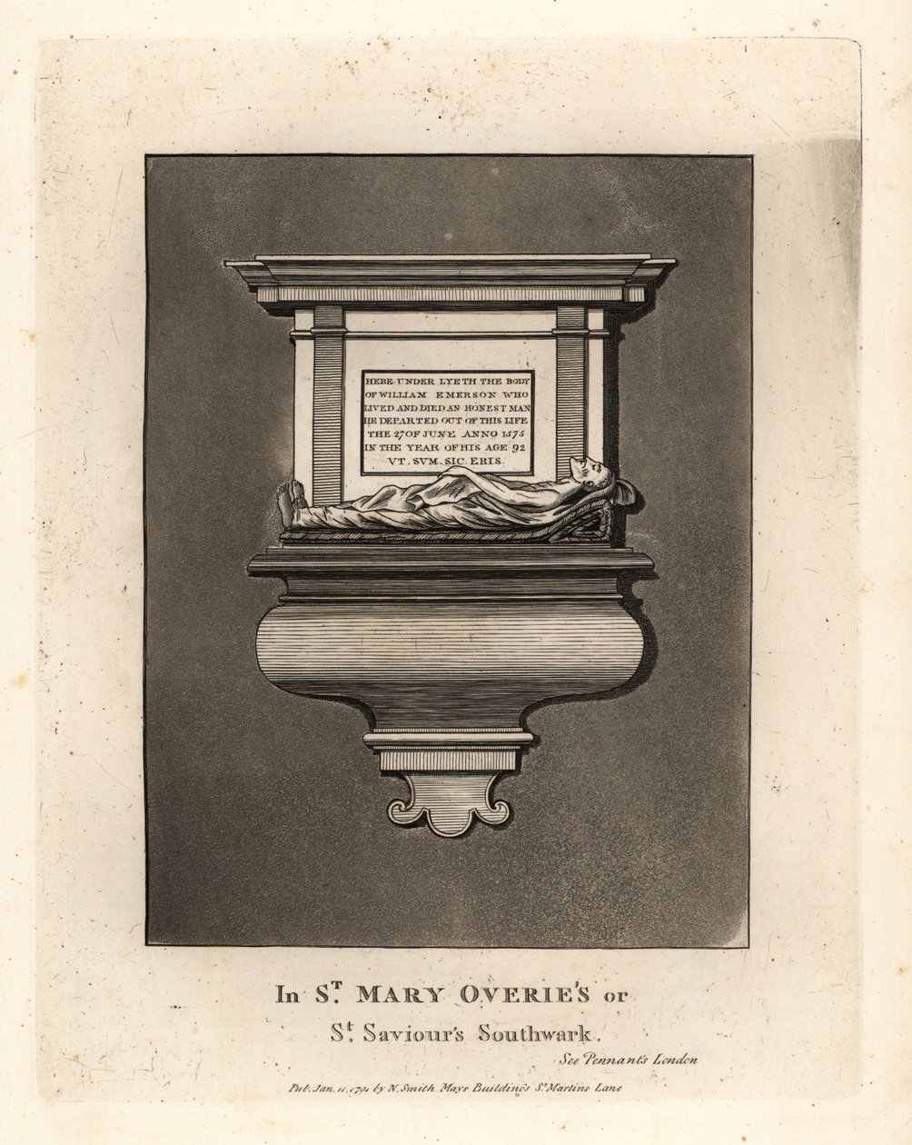 Grave effigy and monument to honest man William Emerson, died 1575, in St Mary Overie’s or St Saviour’s Southwark by John Thomas Smith