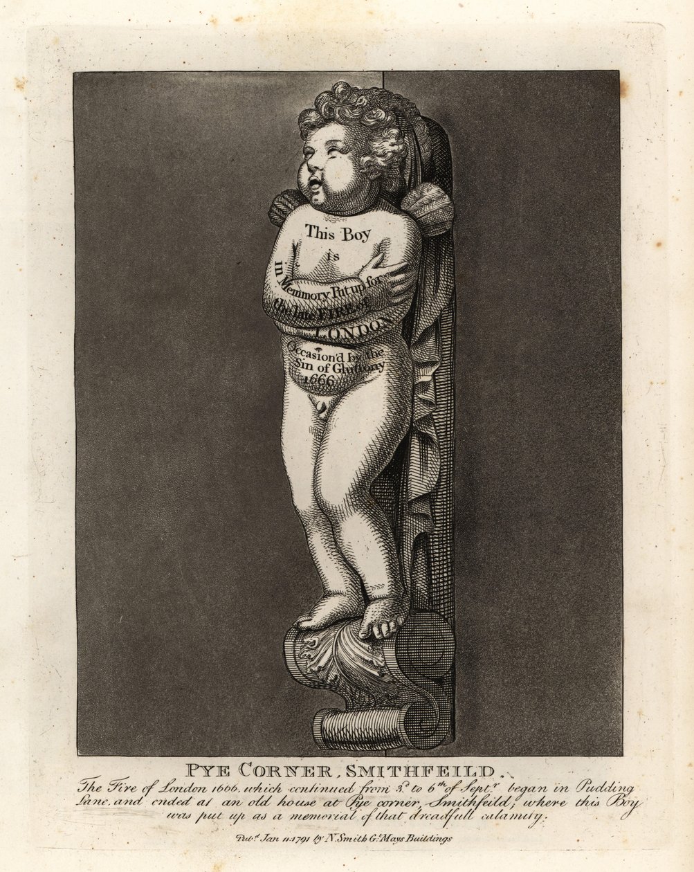 Monument of a boy on Pye Corner, Smithfield, to mark the Fire of London of 1666 in nearby Pudding Lane by John Thomas Smith