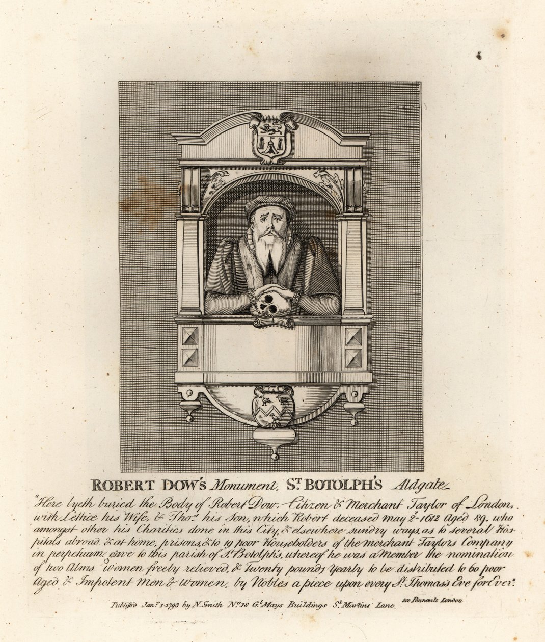 Monument to merchant taylor and philanthropist Robert Dow in St Botolph’s, Adgate by John Thomas Smith