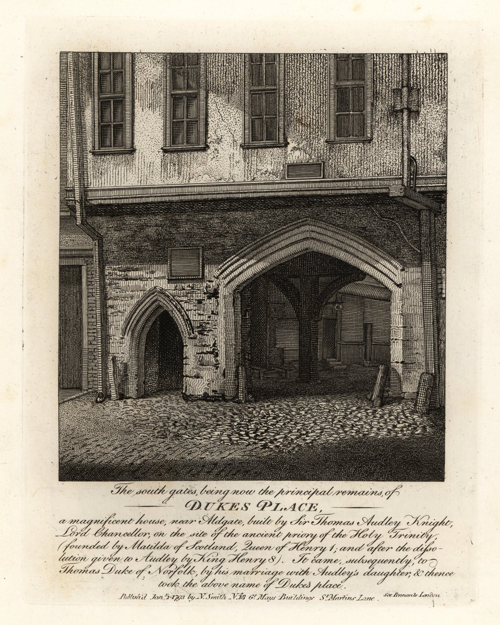 The ruins of the South Gates of Dukes Place, built by Sir Thomas Audley near Aldgate by John Thomas Smith
