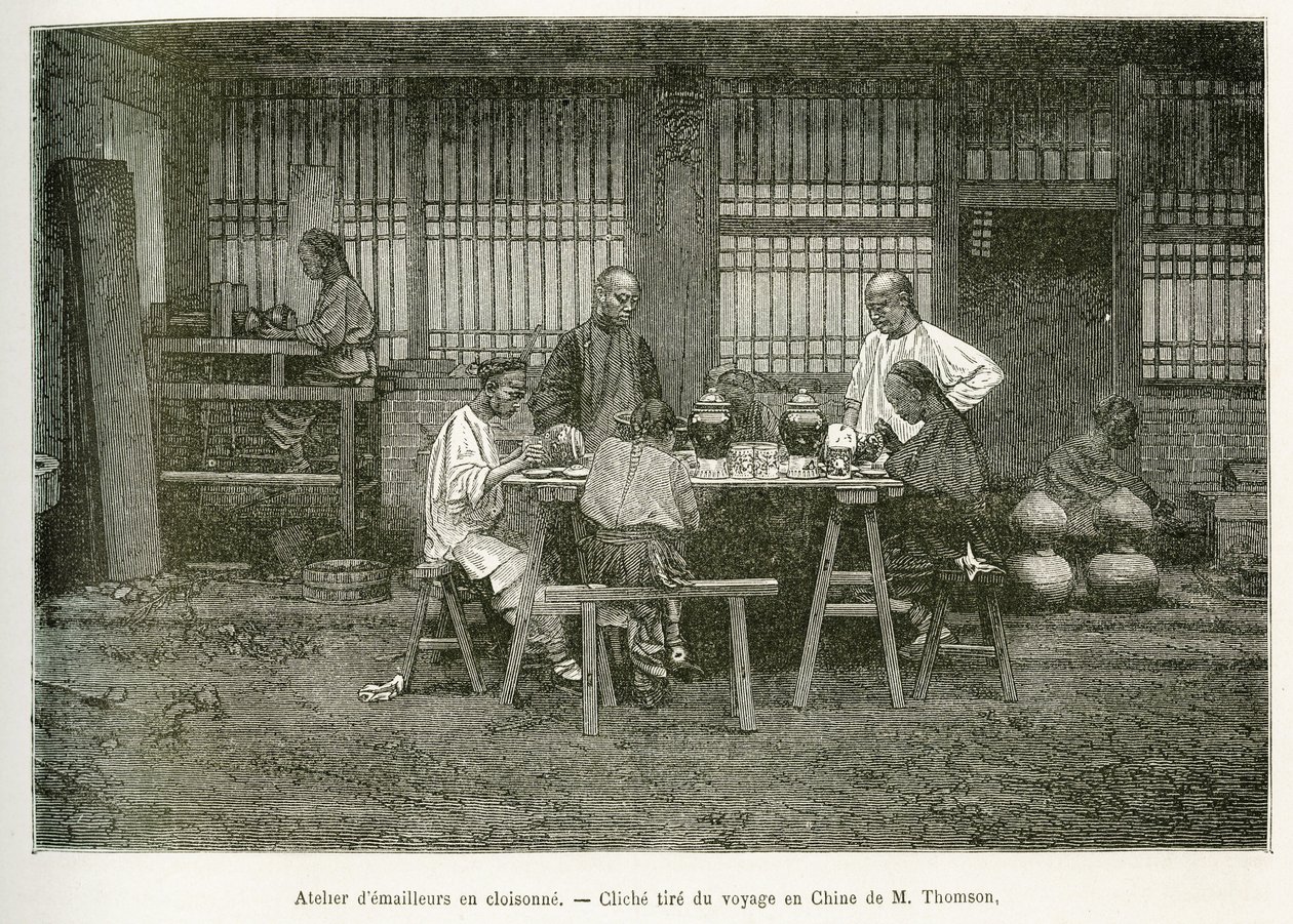 The craftsmen of a cloisonne workshop in Pekin (engraving after a photograph of M. Thomson to illustrate the journey to Pekin and northern China by T. Choutze, 1873, published in 