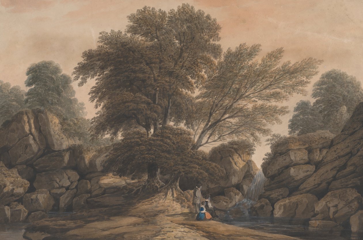 Figures Beside a Waterfall and Pool in a Wooded Landscape by John Varley I