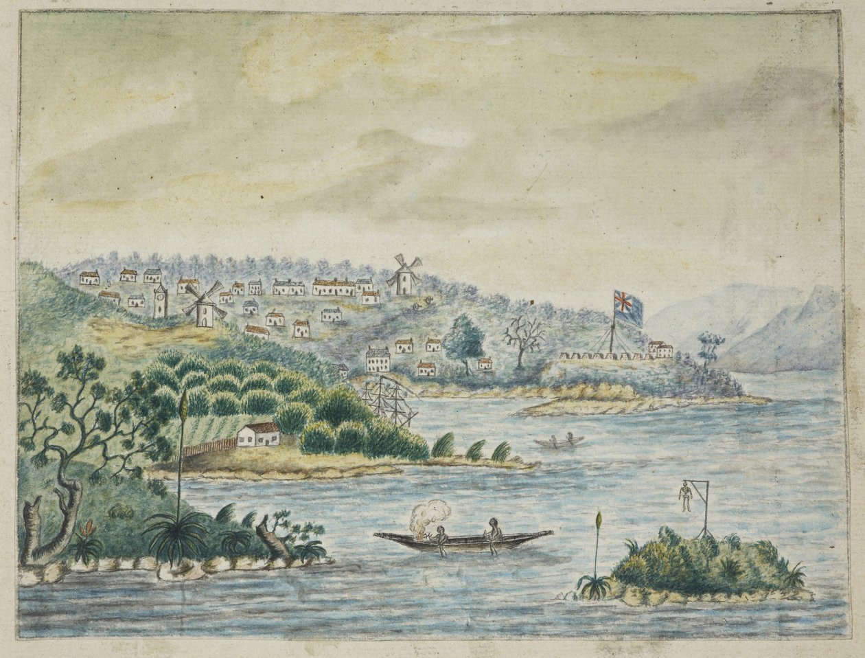 A view of a British colony. In the foreground, natives in a canoe, from a Journal kept on board the Minerva transport, from Ireland to New South Wales and Bengal, by John Washington Price by John Washington Price