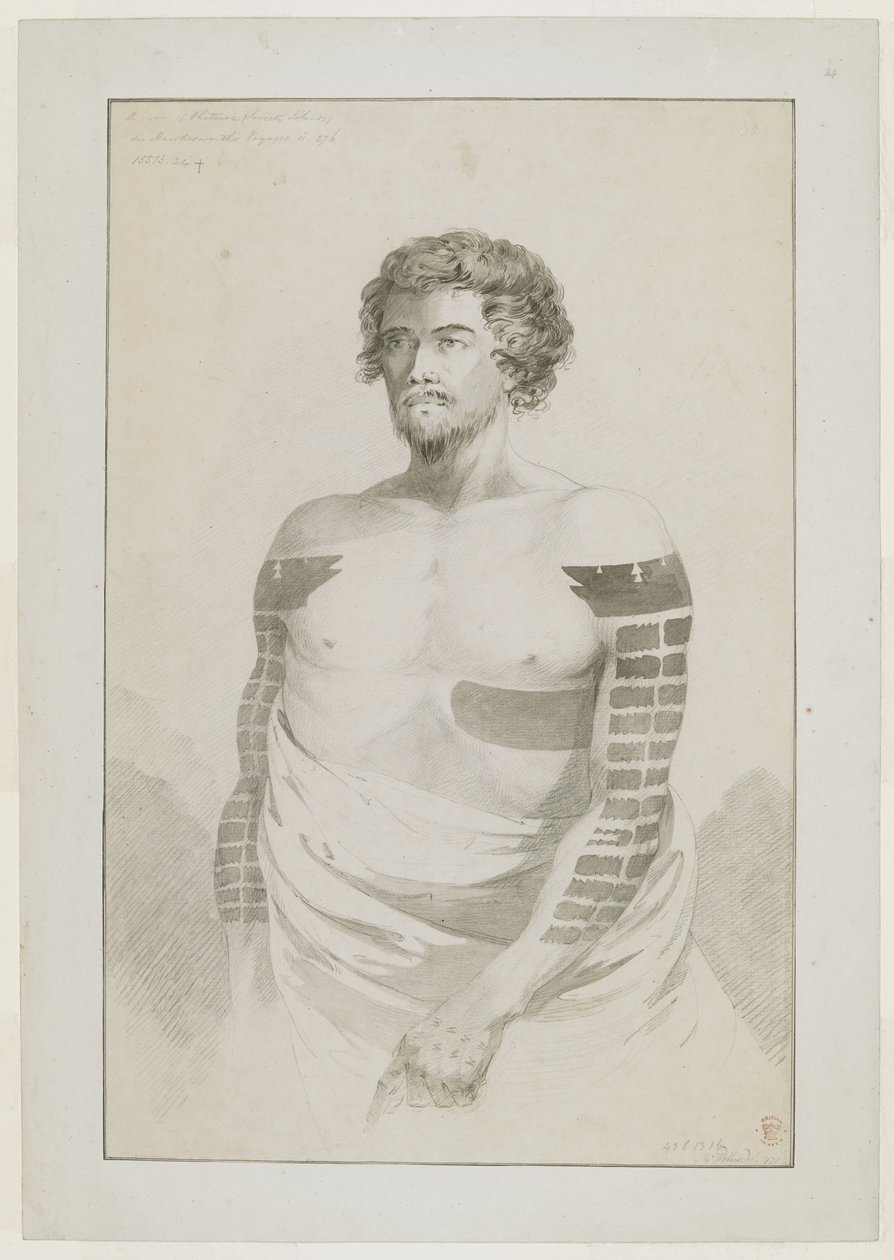 Portrait of a Chief of Borabora; a Bearded Man with Arms Heavily Tattooed with Flat Rectangular Patches, and a Large Patch on His Left Side. December 1777 by John Webber