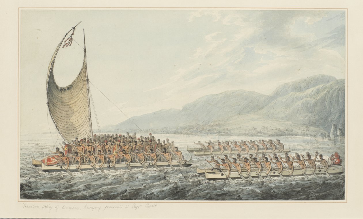 Tereoboo, King of Owyhee, bringing presents to Captain Cook, from a series of watercolours illustrating Captain Cook