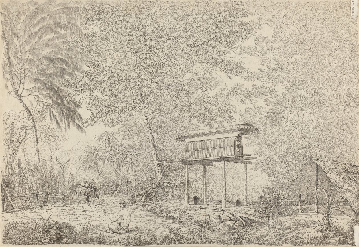 A Toopapapoo of a Chief, with a Priest Making His Offering to the Morai, in Huoheine by John Webber