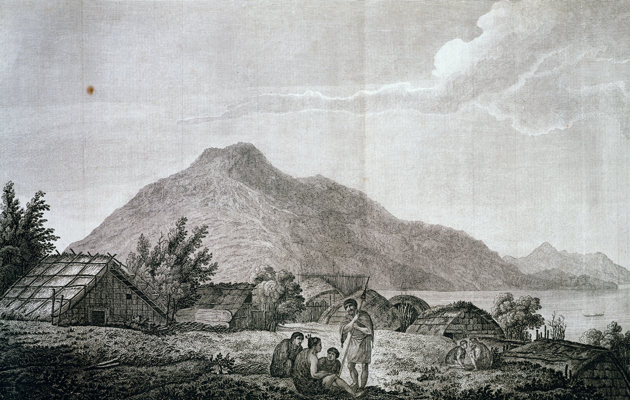 Inside hippah on island of Motuara, based on drawing by John Webber, from account of last voyage of James Cook by John Webber