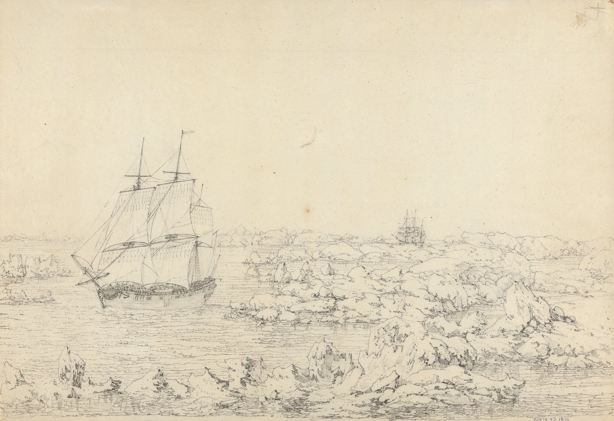The Resolution Beating through the Ice, with the Discovery in the Most Eminent Danger in the Distance by John Webber