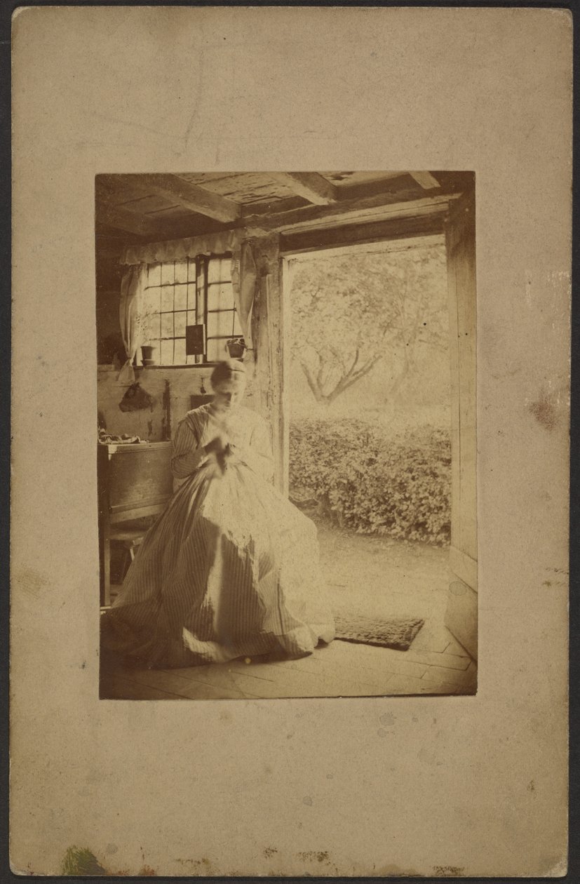 Woman in long striped dress seated inside room by John Whistler