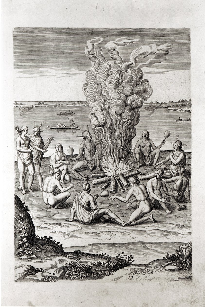 Indians praying around a fire, engraving from Hariot