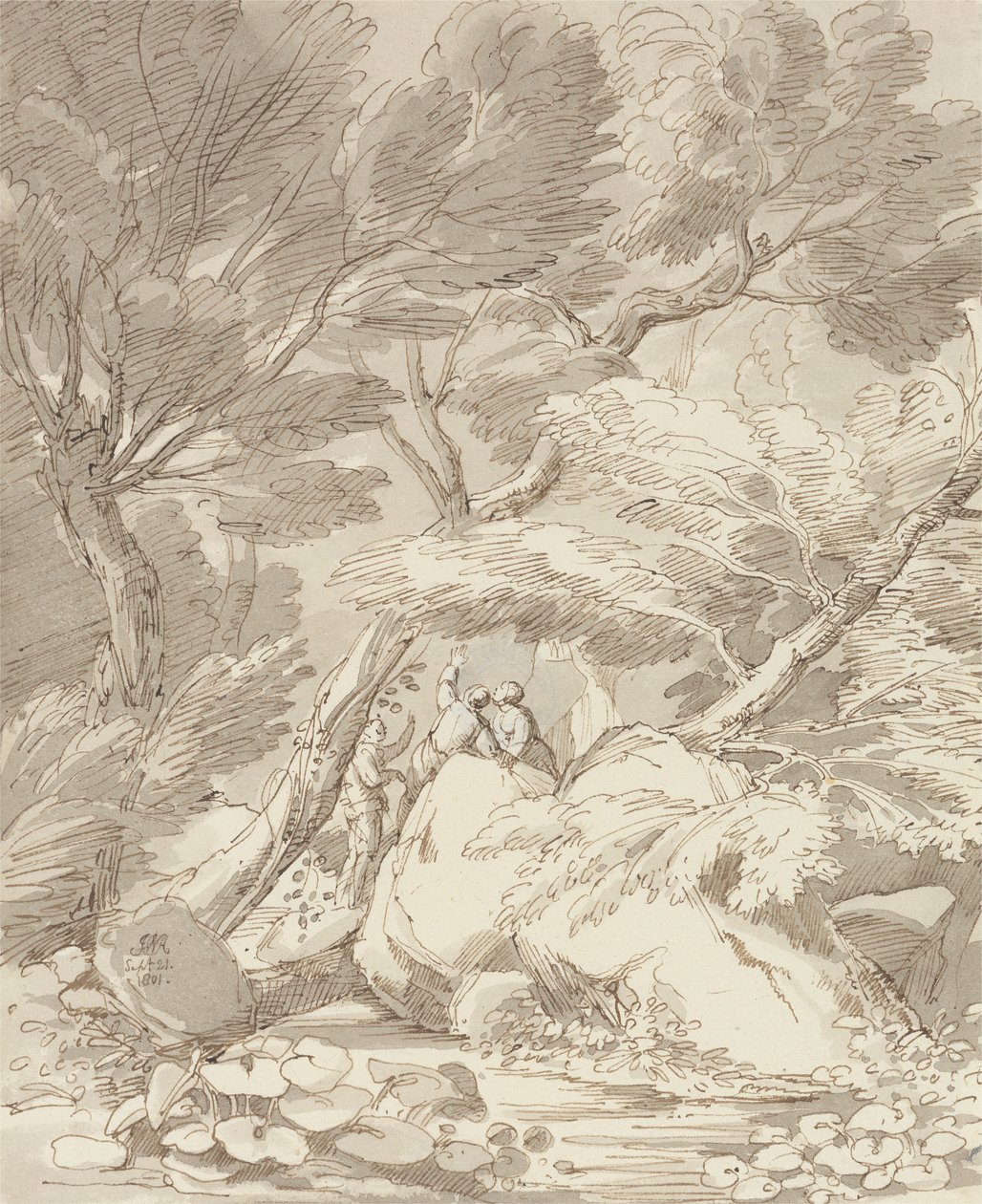 Figures on a Rocky River Bank at Canonteign, Devon by John White Abbott