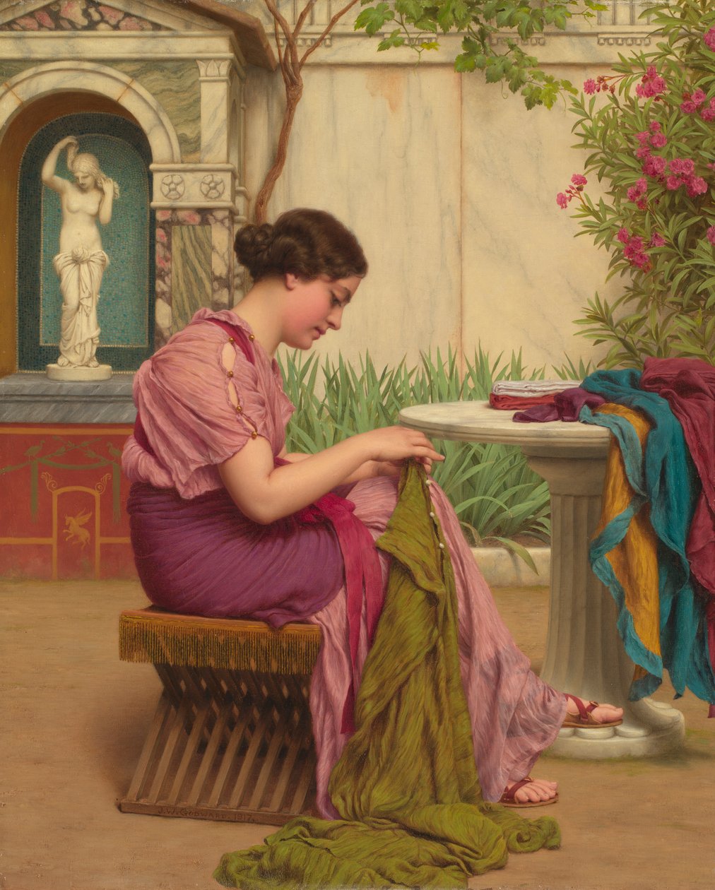 A Stitch is Free, or A Stitch in Time by John William Godward