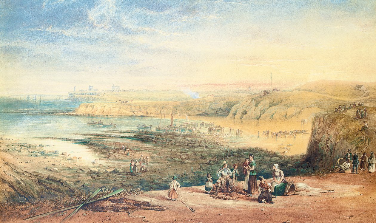 Cullercoats looking towards Tynemouth, Northumberland, with fisherfolk in the foreground by John Wilson Carmichael