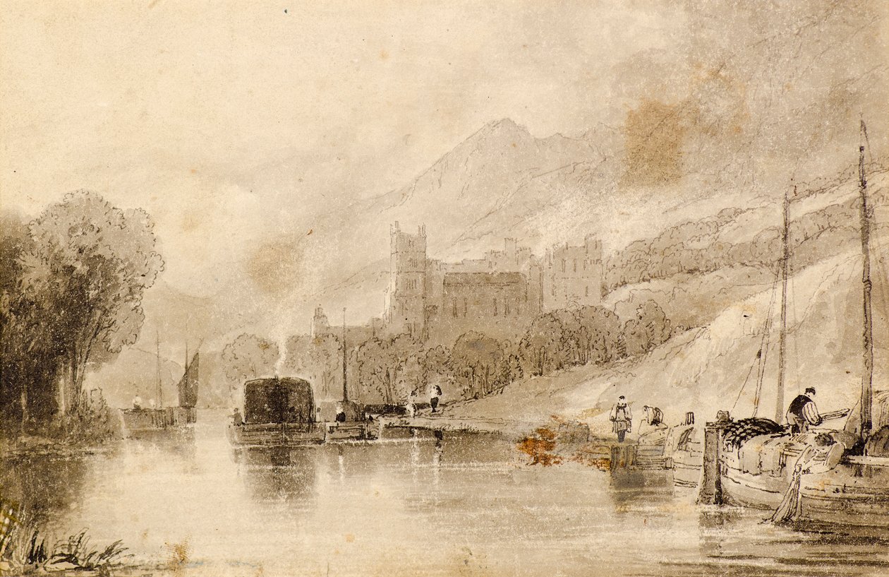 River Scene with Barges and Ruined Castle by John Wilson Ewbank