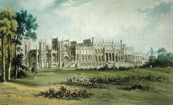 Eaton Hall, West of Garden Front, from Ackermanns Repository of Arts by John after Gendall