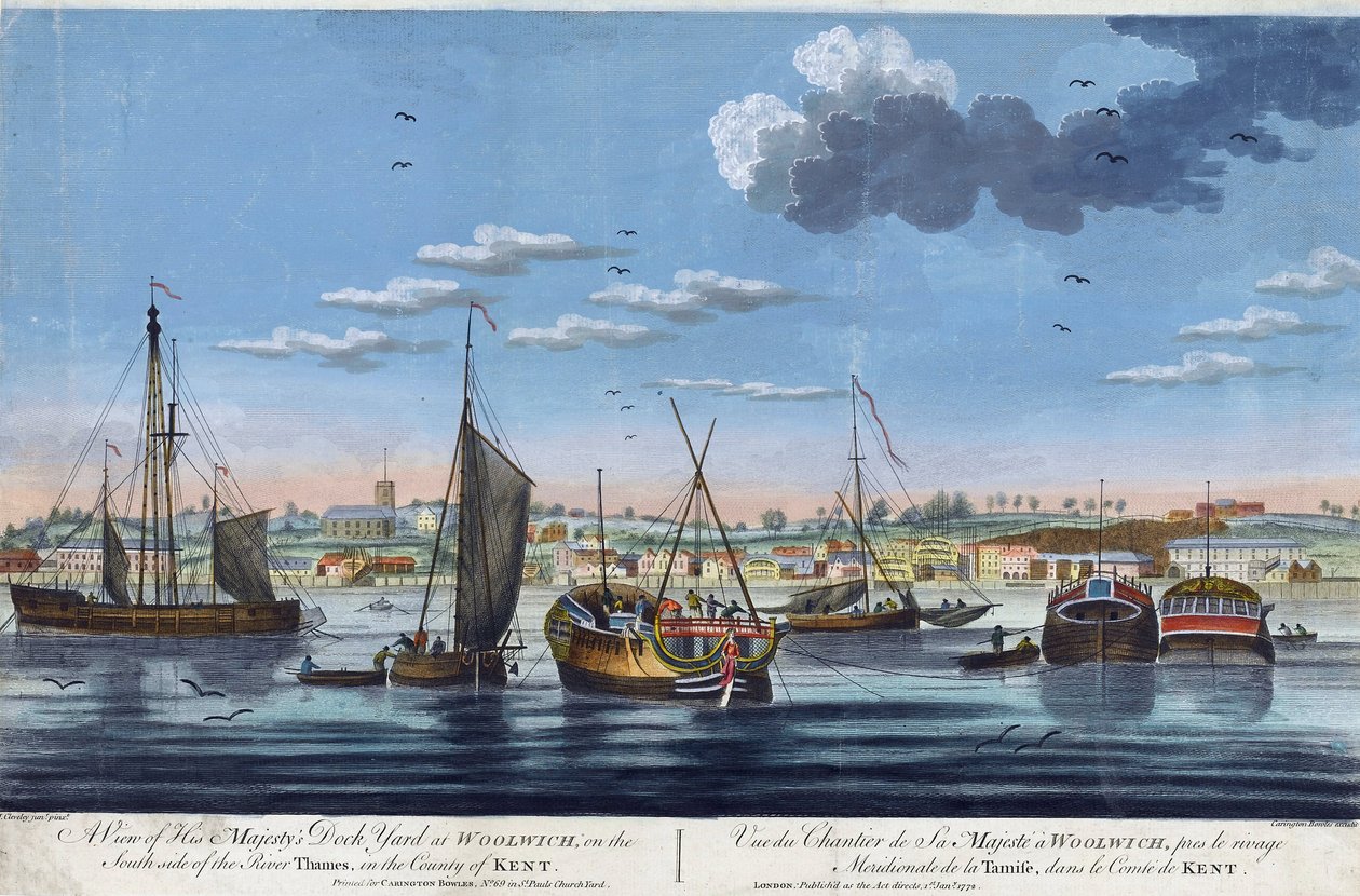 View of the royal docks at Woolwich, on the left bank of the Thames, in County Kent. Etching in colors by John Clevely the Younger by John the Younger Cleveley