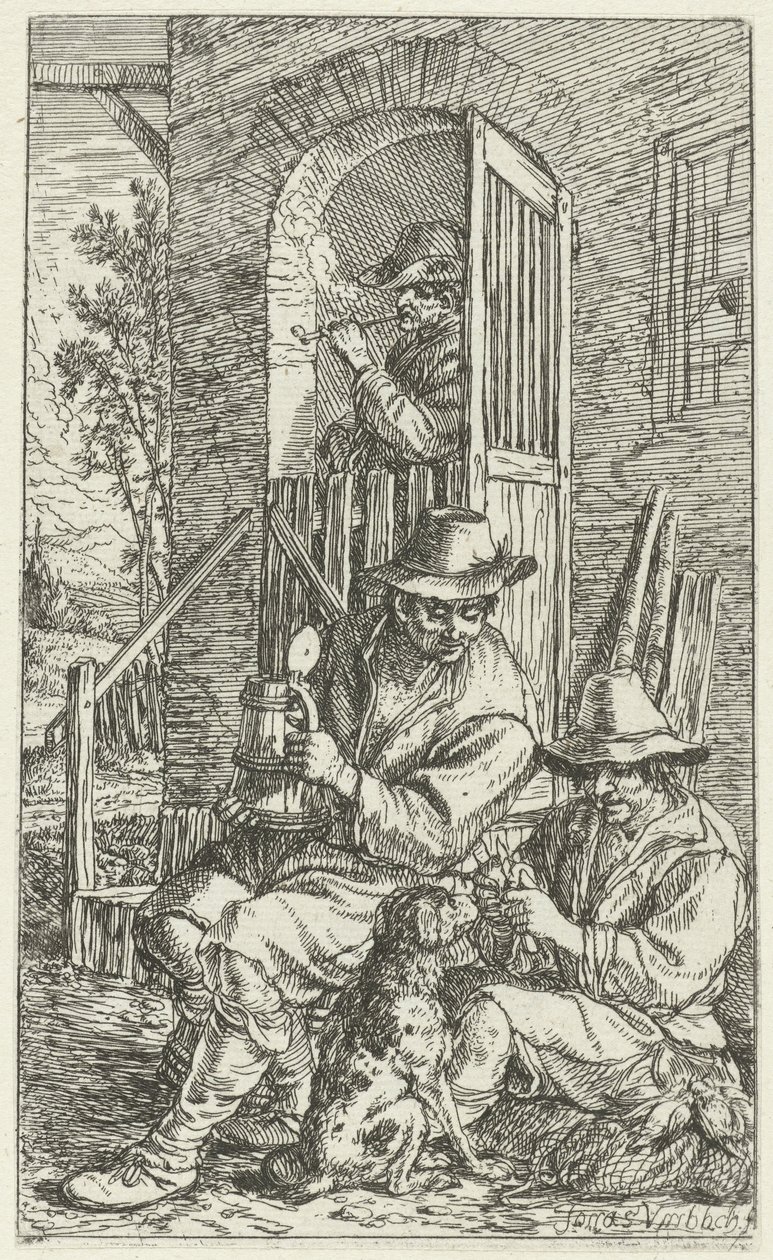 Two Men in Front of an Inn with a Dog by Jonas Umbach